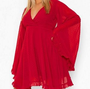 Plus Red Dobby Chiffon Wide Sleeve Skater dress